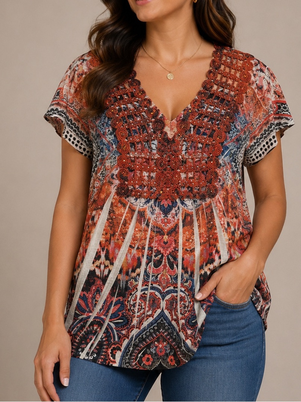 Energie Orange and Navy Patterned Crochet V-Neck Blouse MEDIUM
